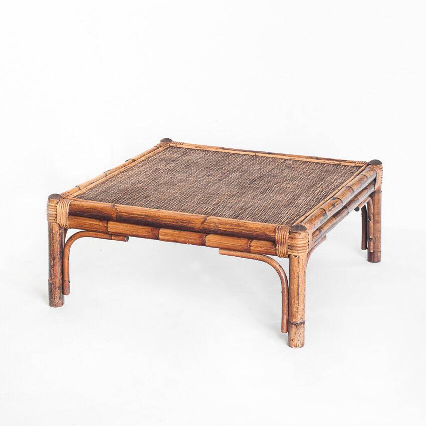 Vintage rattan and cane coffee table. France, 1970s
