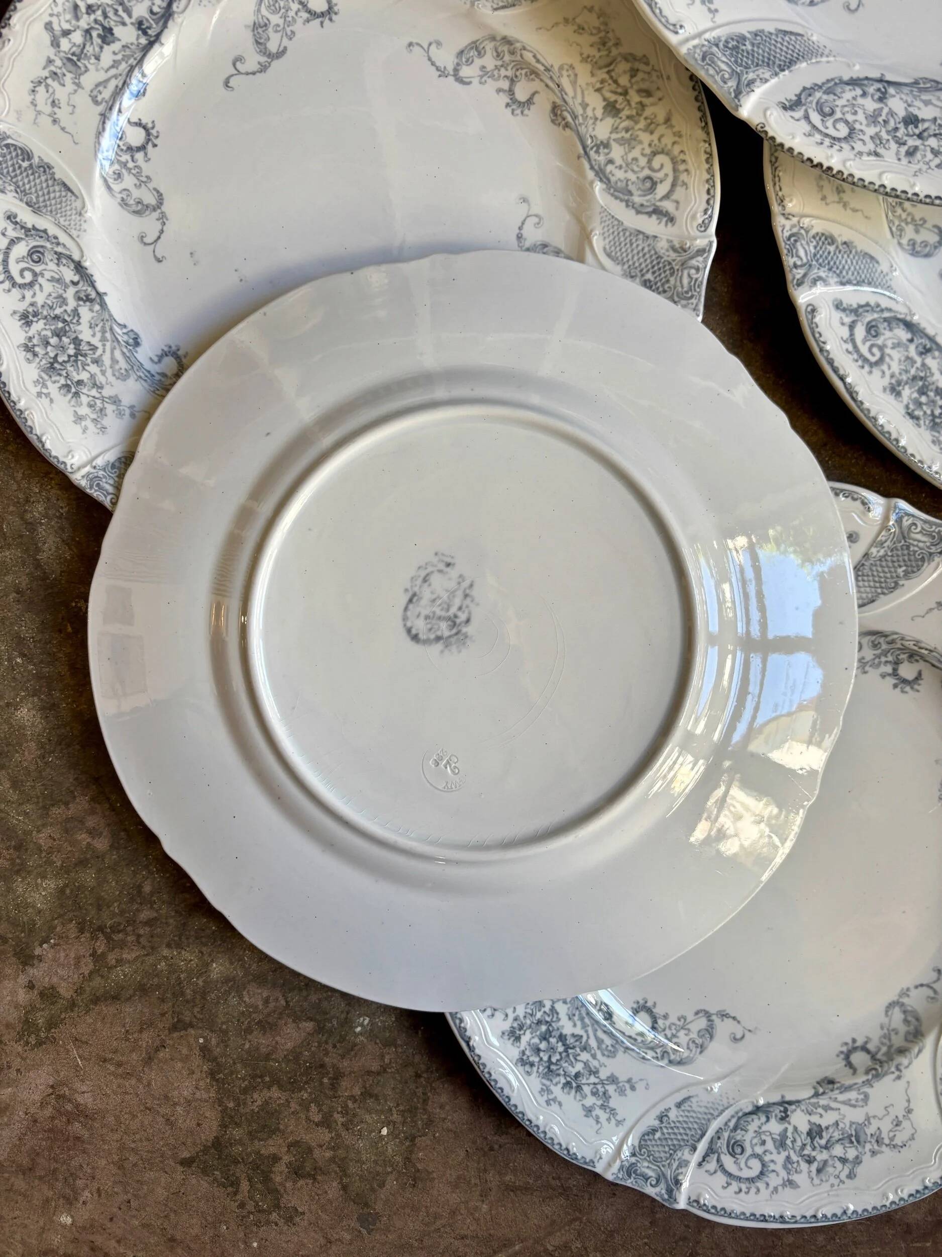 6 flat plates Longwy in white and grey ironstone, "Saint Cloud" service.