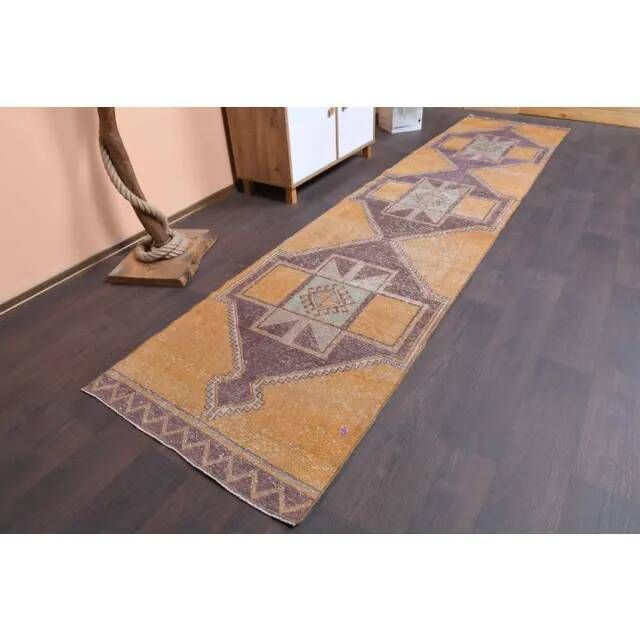 Vintage Turkish Oushak Handmade Wool Cotton Orange Runner Rug 95x375