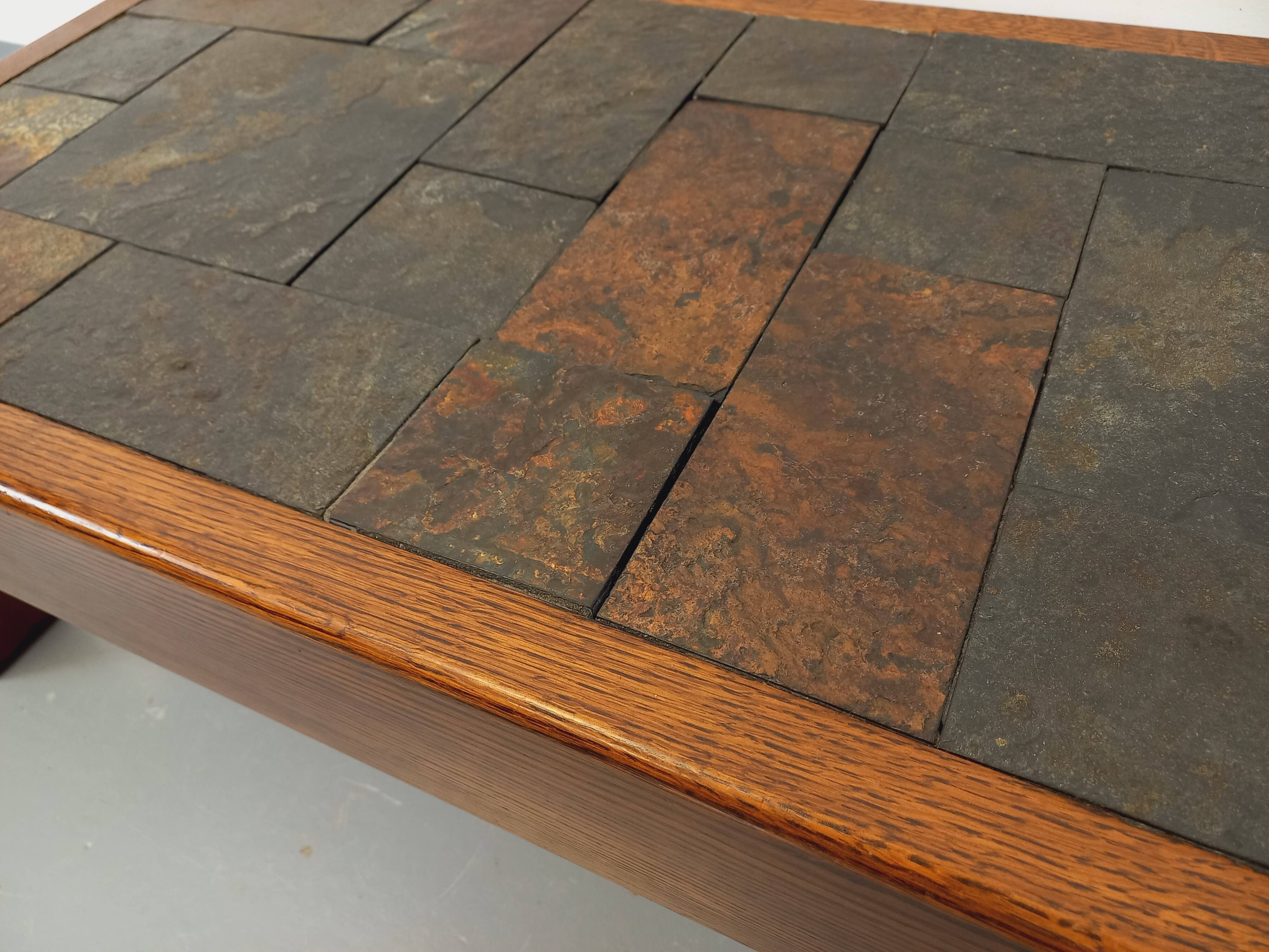 Vintage Brutalist Oak and Slate Coffee Table from the 60s-70s