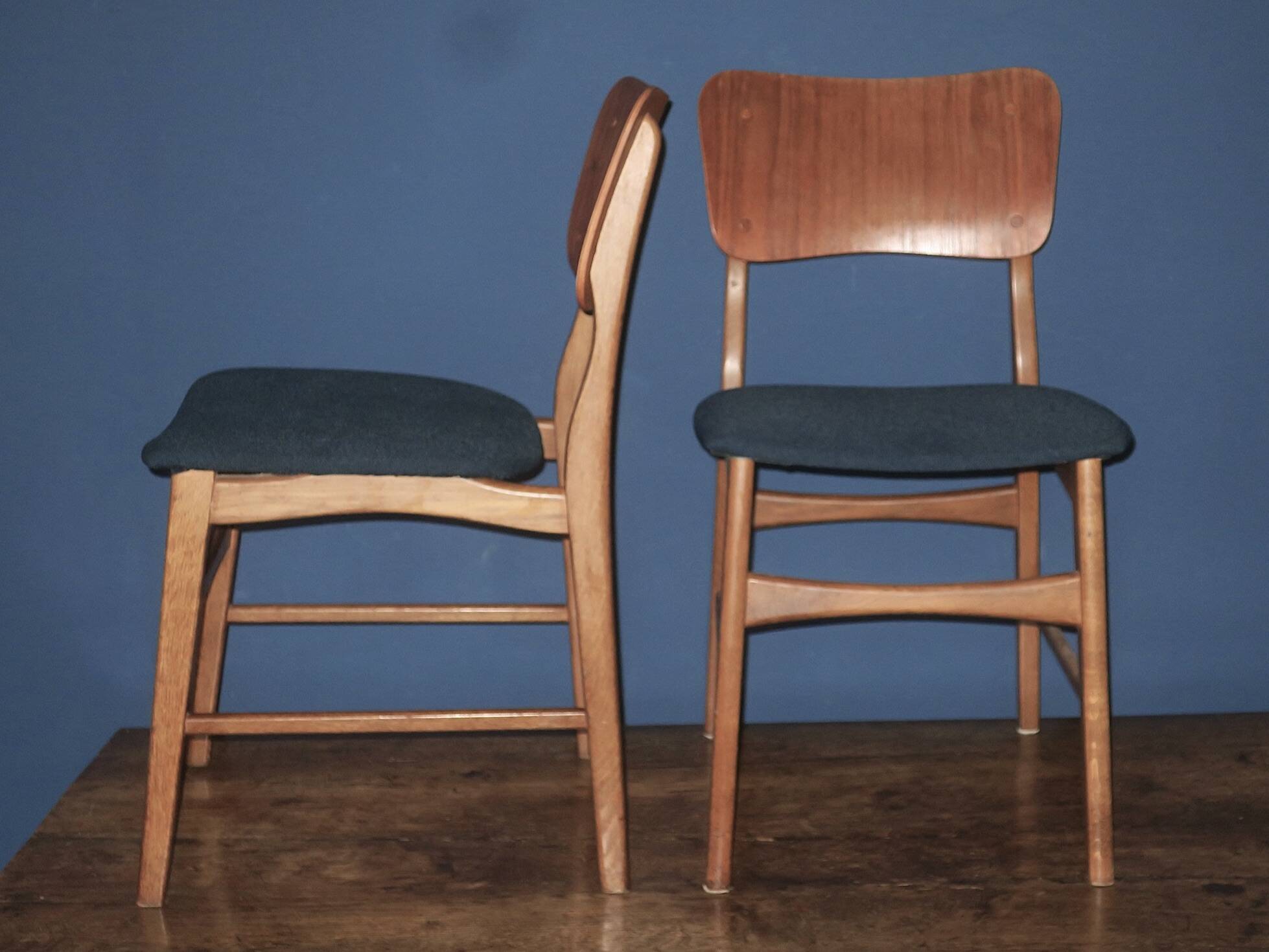 Pair of Danish teak chairs in petrol blue-green, 1960s