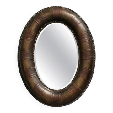 Brown Studded Oval Leather Wall Mirror