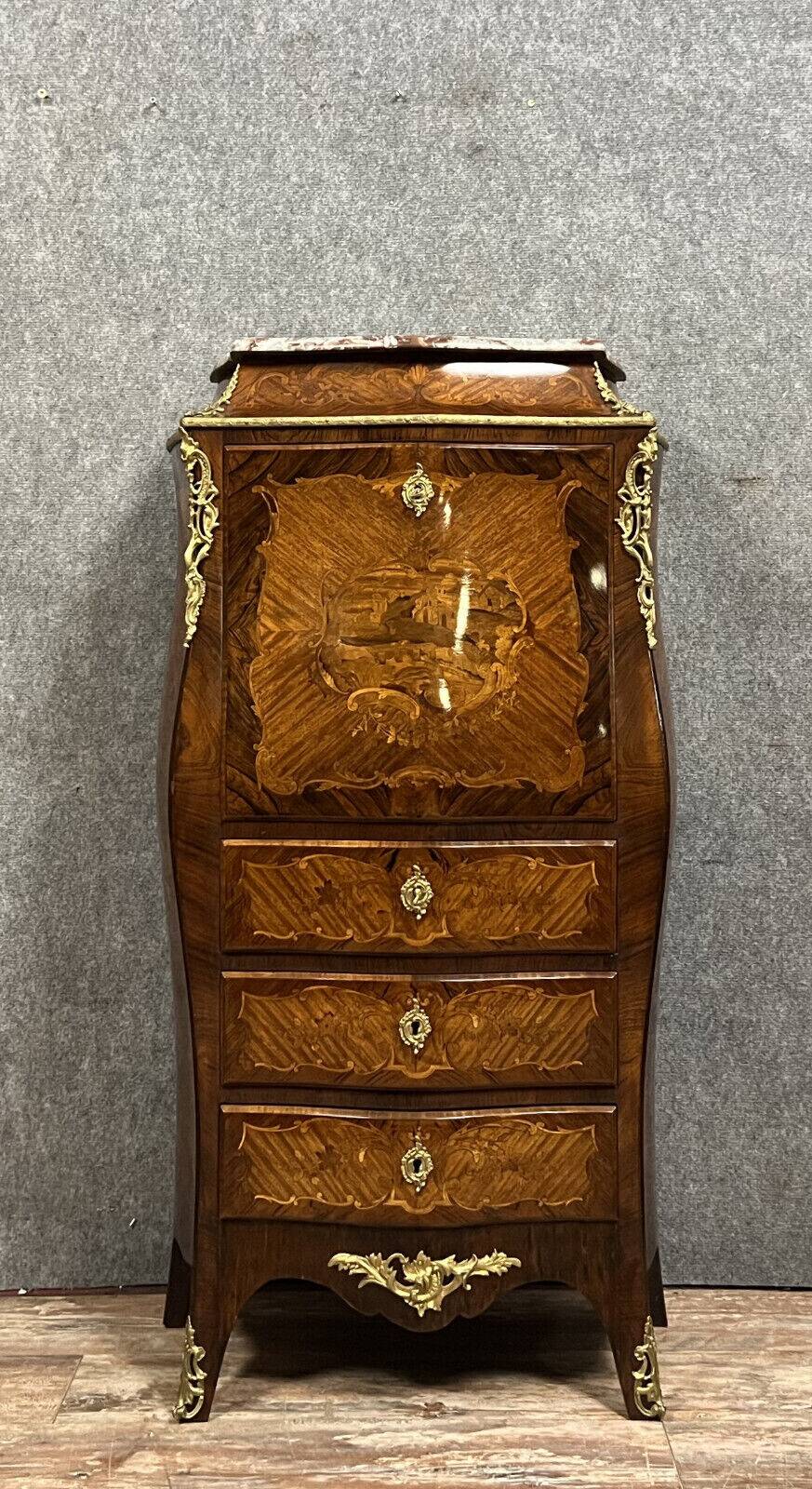 Secretary of Lady curved Louis XV style in precious wood marquetry circa 1850