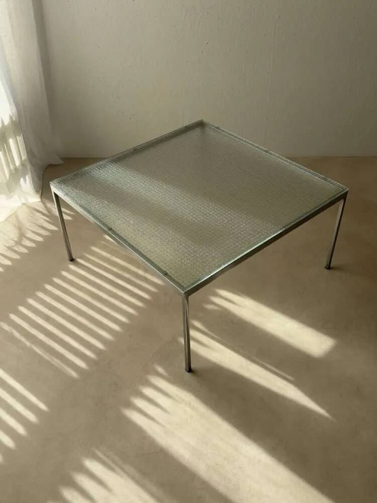 Minimalist 1960s wire glass coffee table in stainless steel.