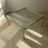 Minimalist 1960s wire glass coffee table in stainless steel.