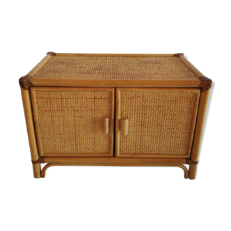 Meuble d'appoint bas vintage en bambou et rotin tressé année 70