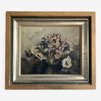 Antique Oil On Canvas Still life with flowers in vase 1936, signed Sabina