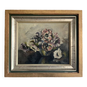 Antique Oil On Canvas Still life with flowers in vase 1936, signed Sabina