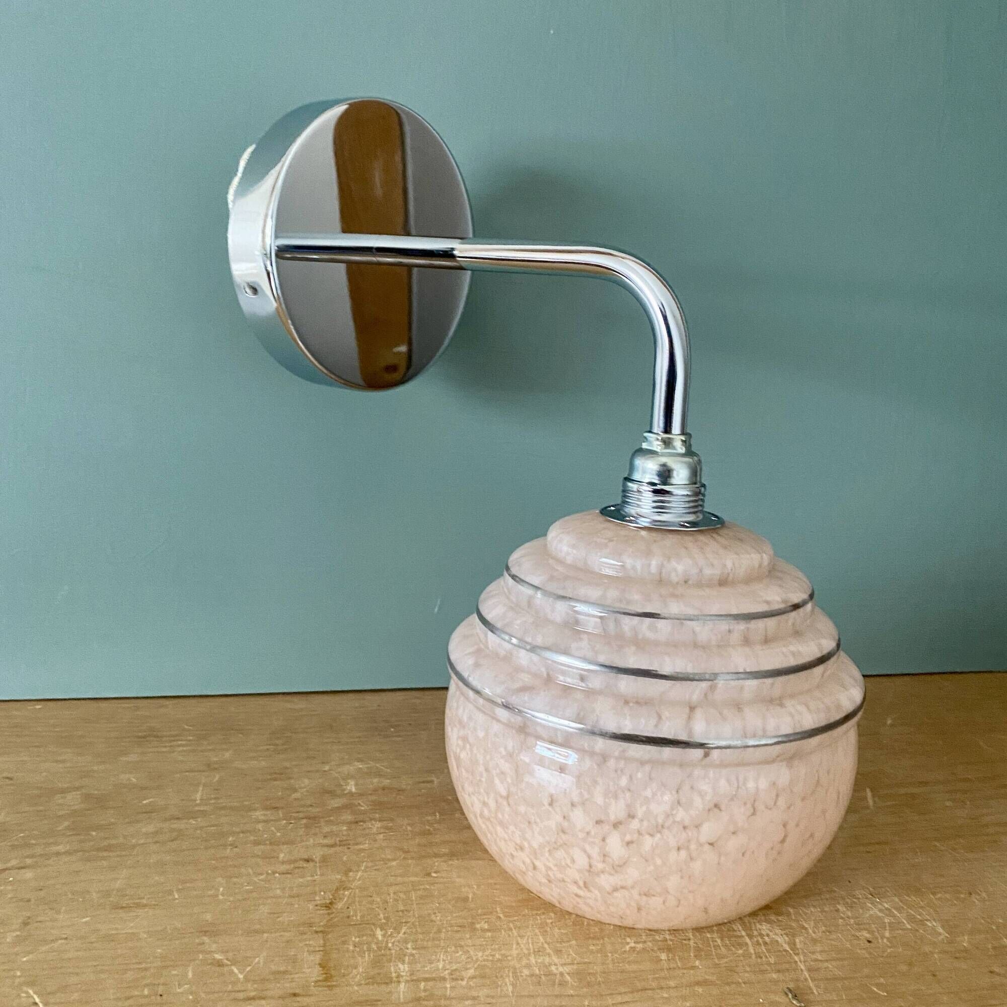 Vintage golden globe elbow wall light in pink and silver Clichy glass