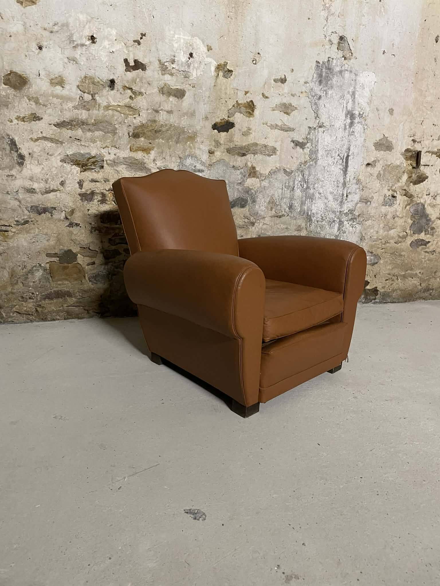 Pair of vintage club style armchairs in camel faux leather.
