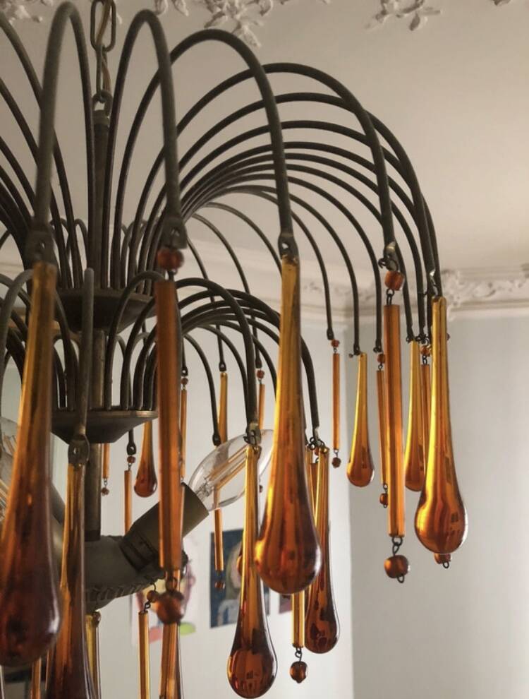 Vintage 1970s brass and Murano glass chandelier