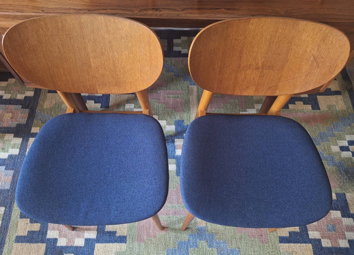 Pair of teak dining chairs with navy blue covers, Denmark 1960s