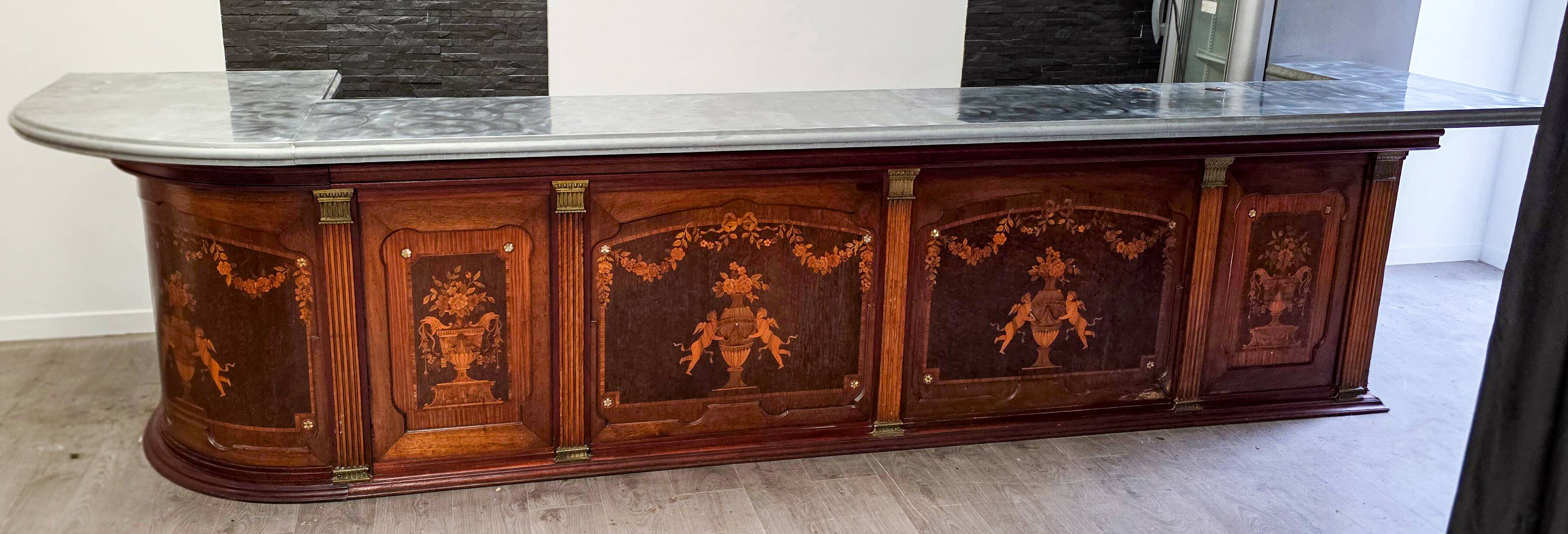 Large early 20th century inlaid wood bar counter - 410cm