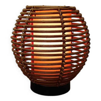 Lampe boule rotin avec abat-jour interieur orange