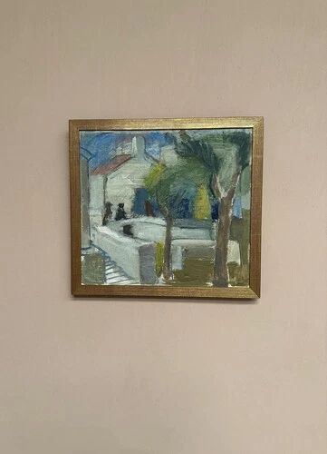 Mid-Century Oil on Canvas 'House with Two Trees' by Zage, Vintage & Framed