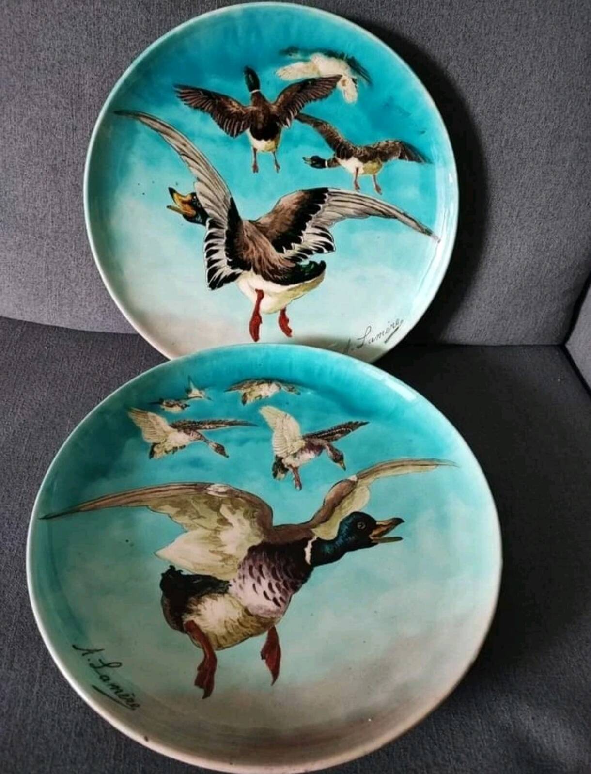 Pair of plates Auguste Lamère flying duck workshop Théodore Deck