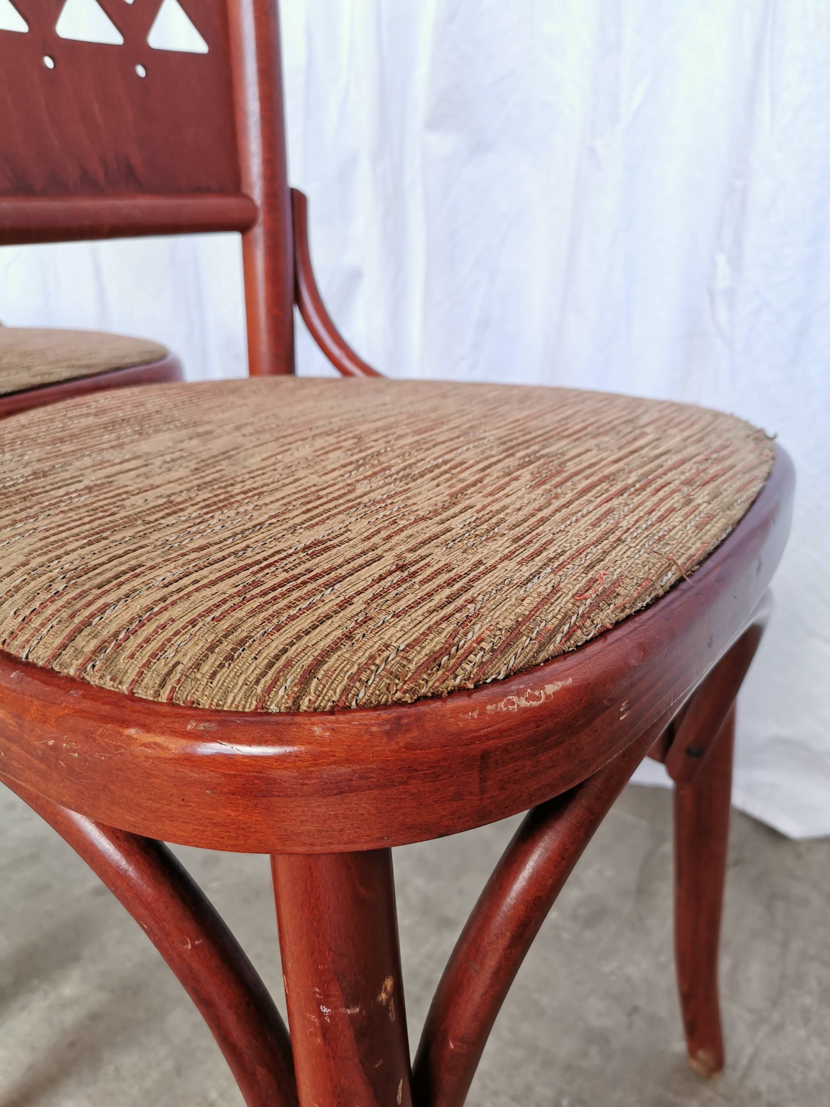 Vintage Italian Bistro Chairs - 1980s Reddish Wood, Brown Fabric - Set of 4