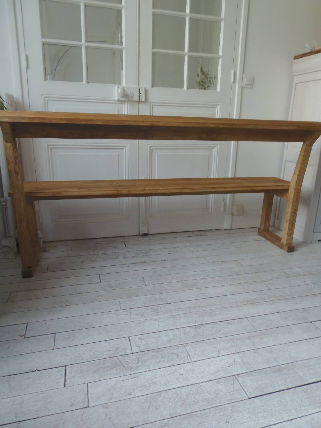Church bench, end of bed in pitch pine with light oak waxed finish.