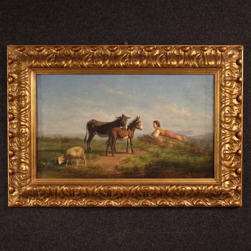 19th century Italian signed bucolic landscape painting
