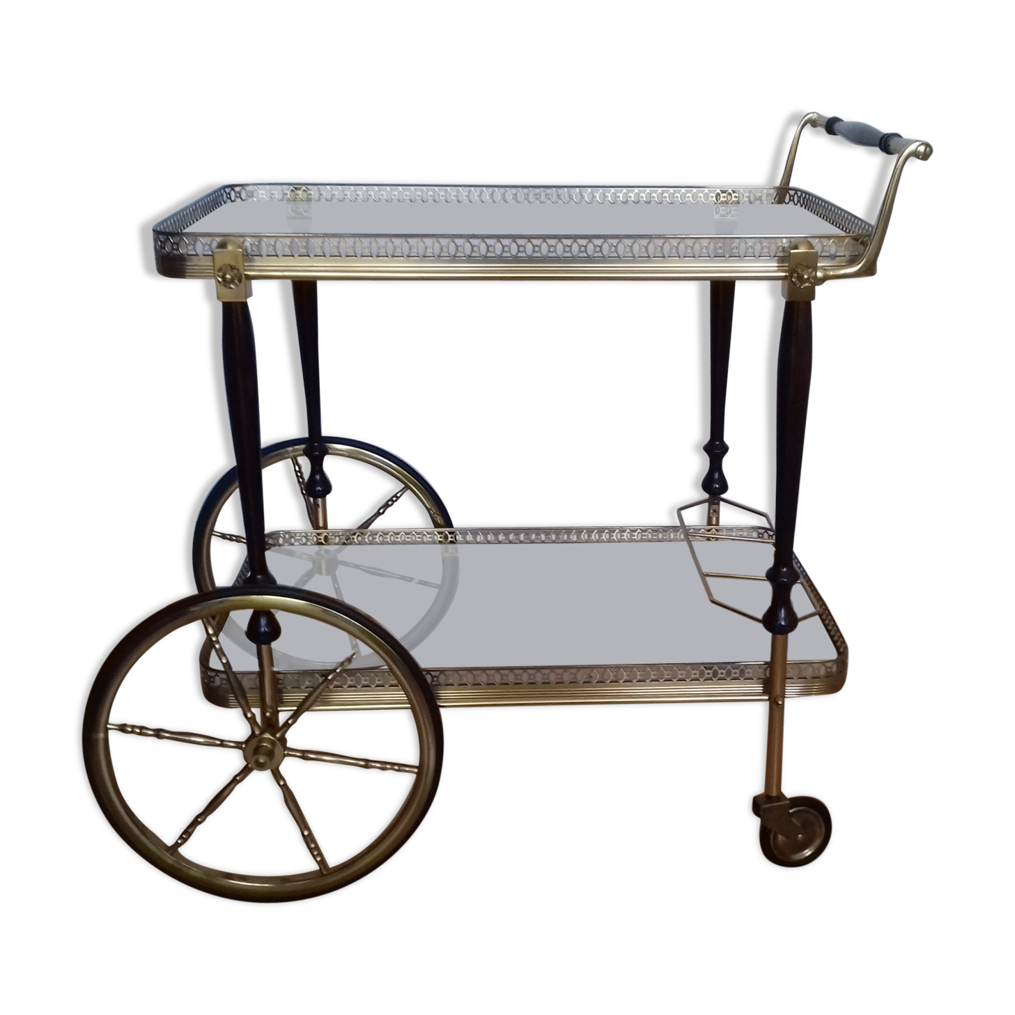 Desserte à roulettes laiton et verre