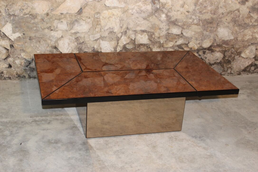 Coffee table, cocktail bar hidden in Elm Magnifier by Paul Michel, 1970 Roche Bobois