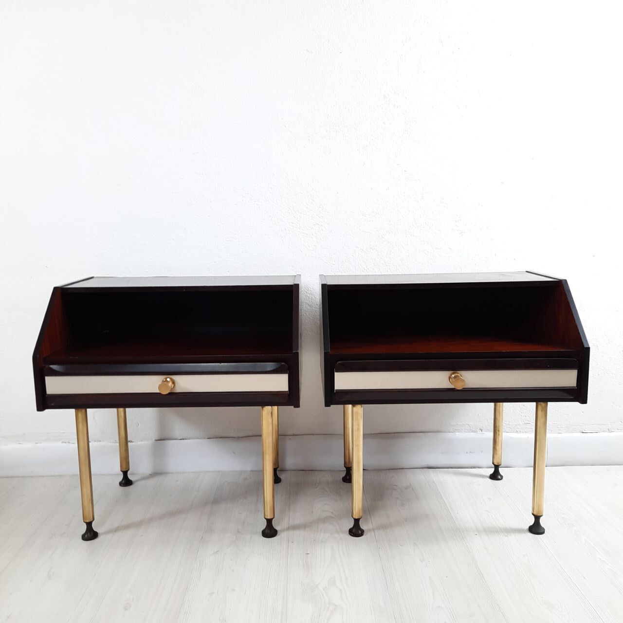 Dresser / chest of drawers and bedside tables - 1960s - faux leather brass