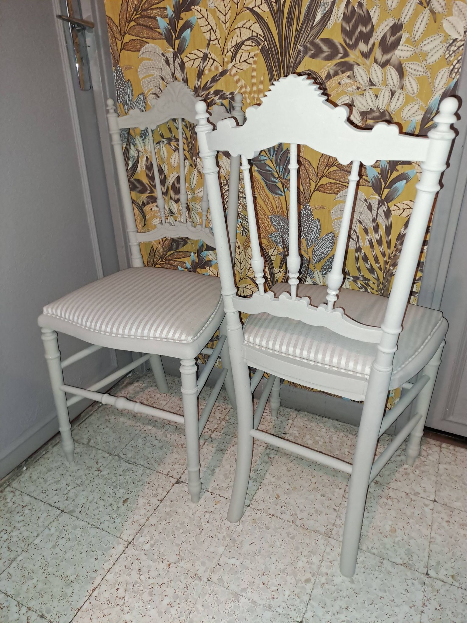 Lot of 2 empire style opera chairs redone in 19th century striped fabric, beige color