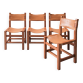 4 Maison Regain chairs, solid elm and saddle leather, 1970s