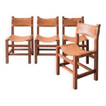 4 Maison Regain chairs, solid elm and saddle leather, 1970s