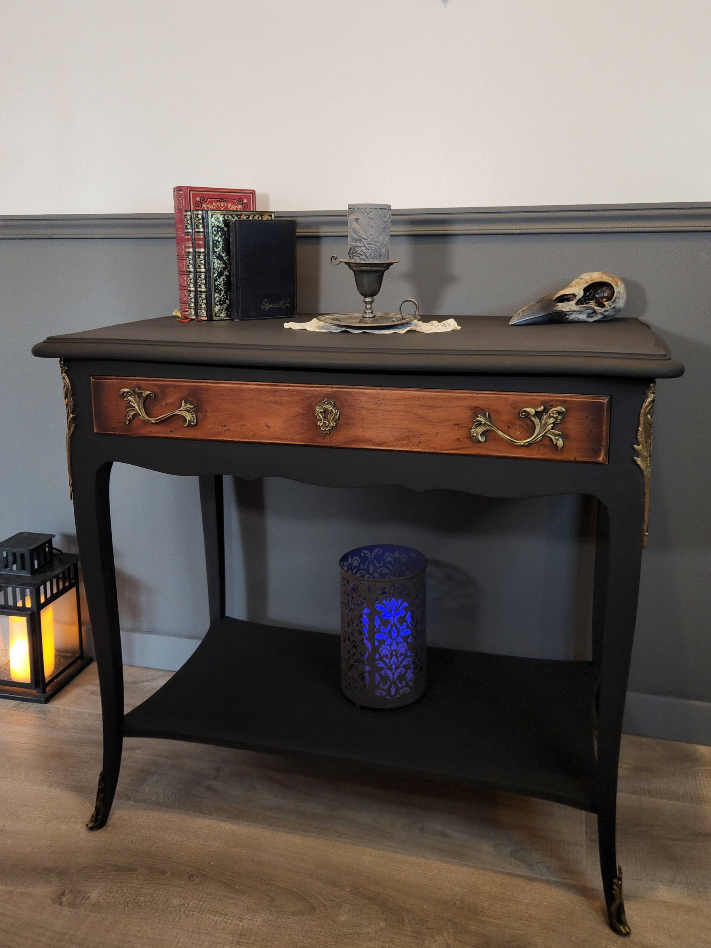 Mat black console / natural wood / gilding – Louis XV style Unique piece