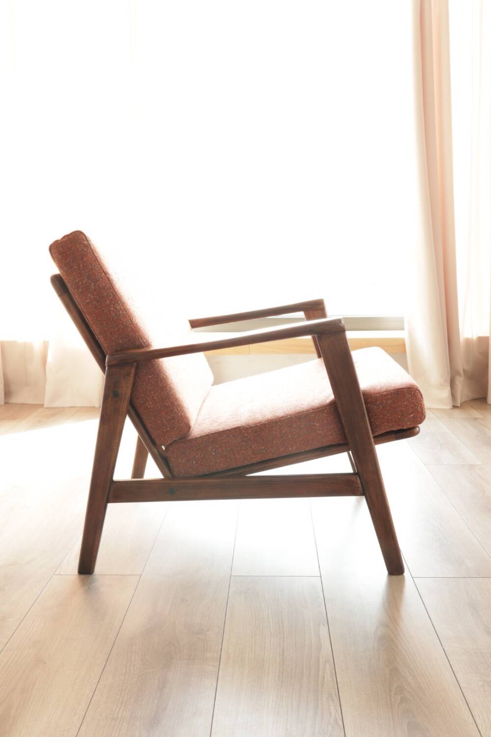 Vintage Wooden Armchair Tweed Upholstery Cushions Mid Century Design