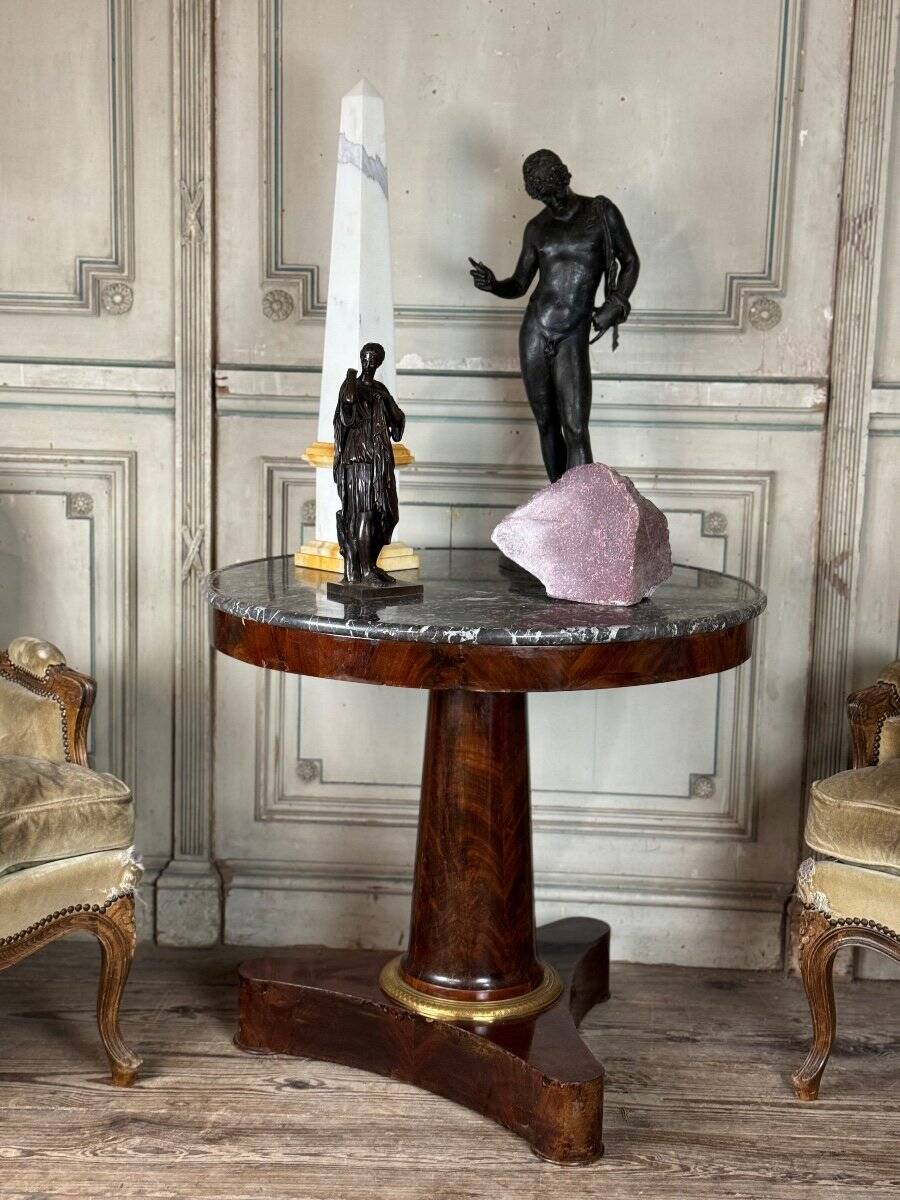 Empire style pedestal table in mahogany, gilt bronze, grey Saint Anne marble top, circa 1800