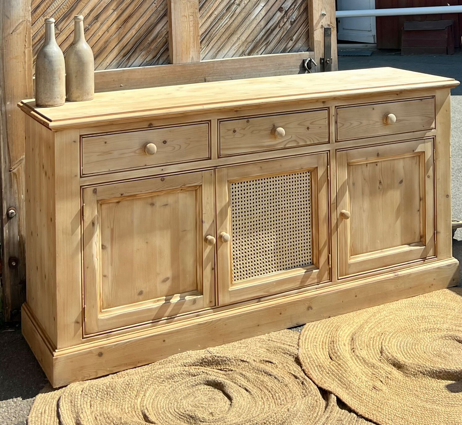 Renovated enfilade - solid raw wood sideboard with cane work