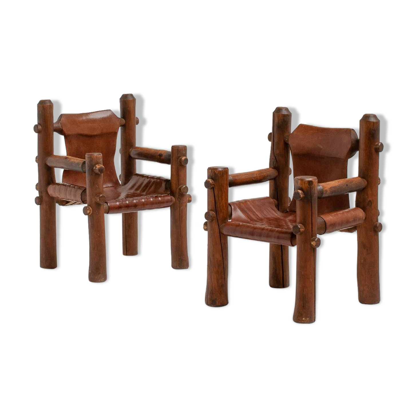 Brutalist Armchairs in Saddle Leather, Hungary, 1970s