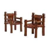 Brutalist Armchairs in Saddle Leather, Hungary, 1970s