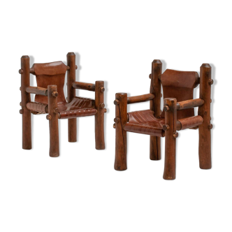 Brutalist Armchairs in Saddle Leather, Hungary, 1970s