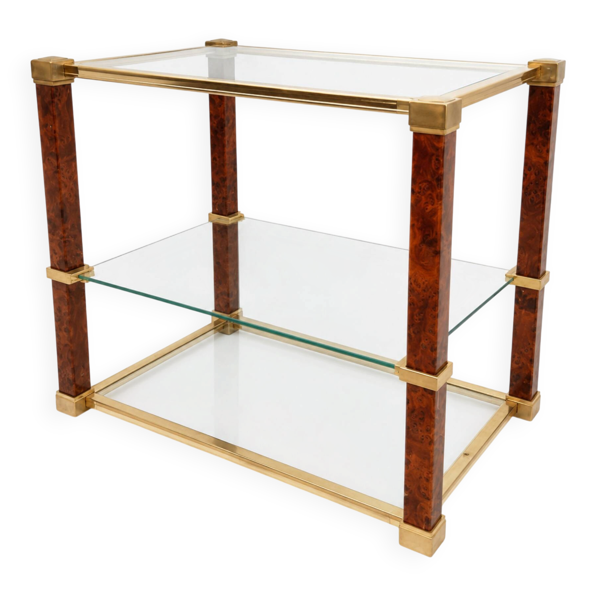 Vintage coffee table in tempered glass, brass, and burl – Hollywood Regency