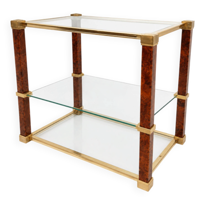 Table basse vintage en verre trempé, laiton et loupe–Hollywood Regency