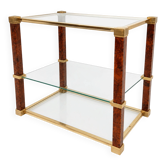 Vintage coffee table in tempered glass, brass, and burl – Hollywood Regency