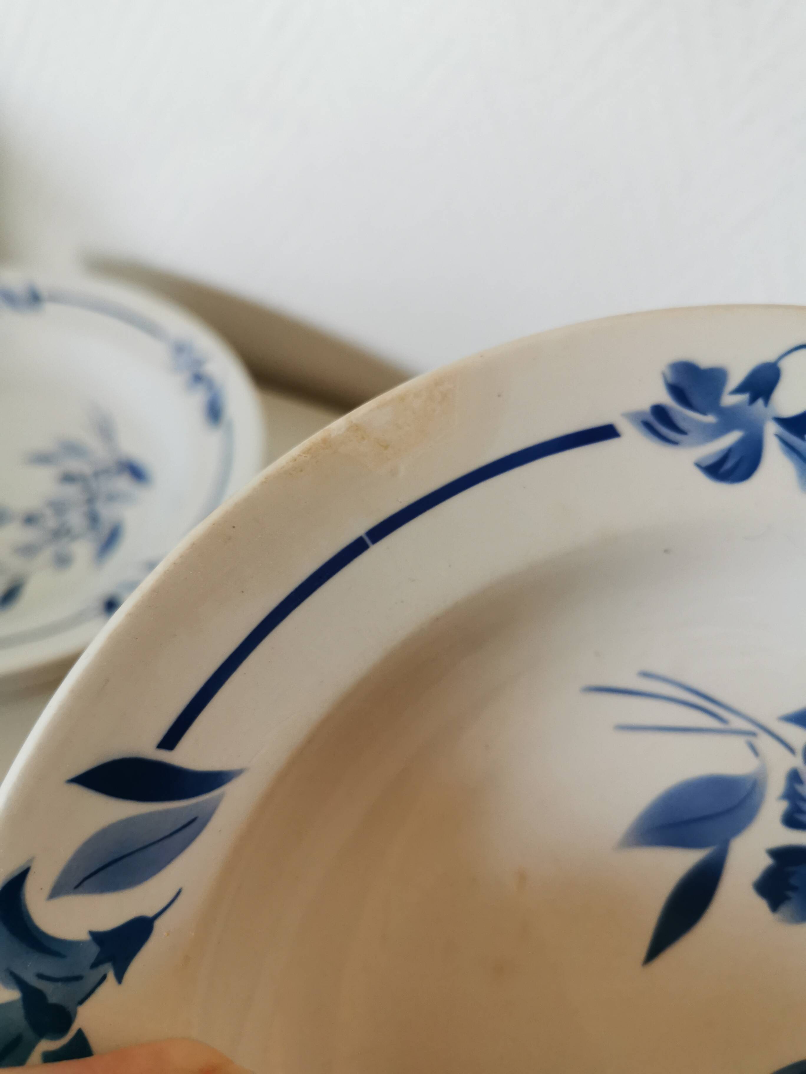 set of 5 Creil et Montereau soup plates, blue flower pattern