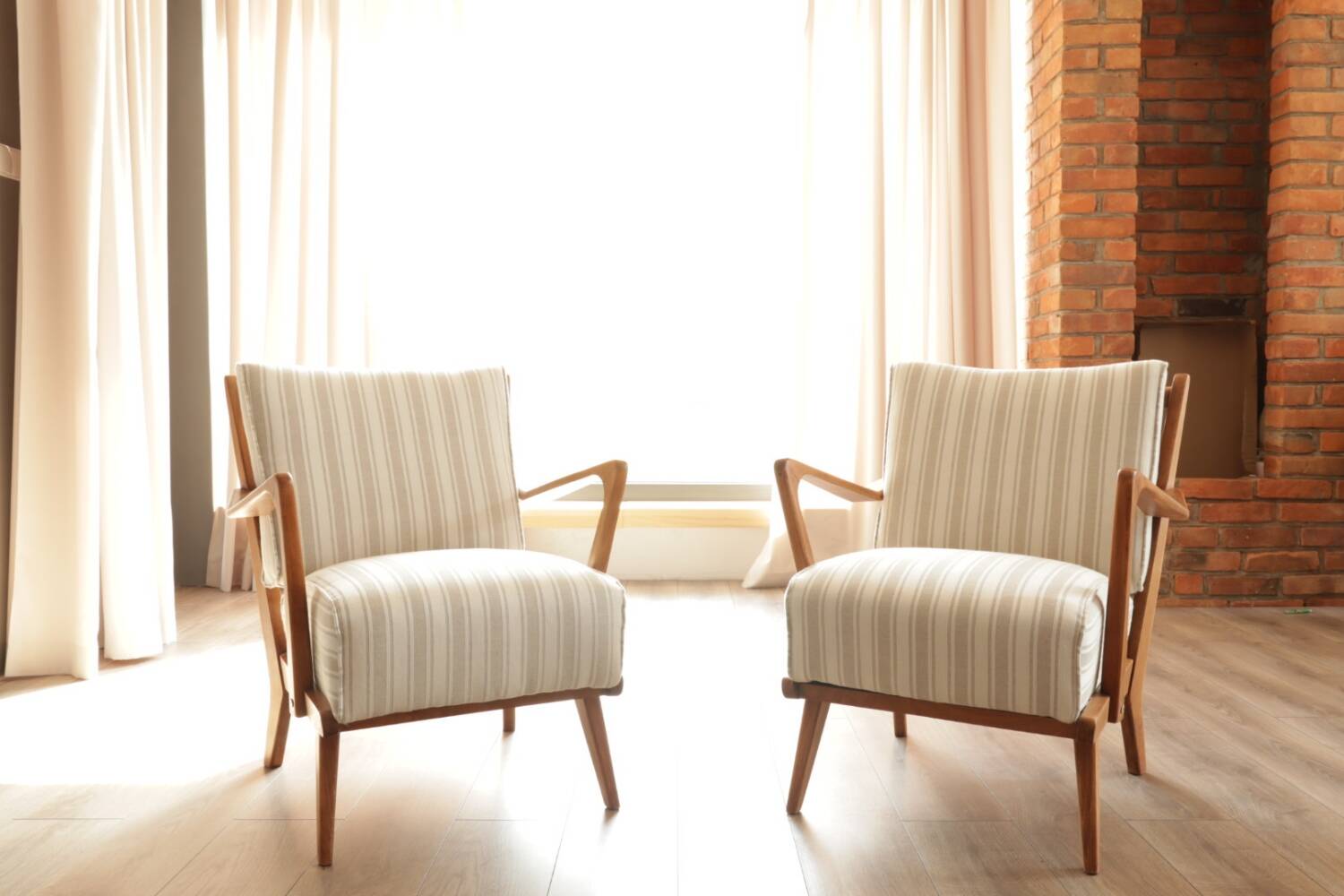 Scandinavian armchair in beige and white striped fabric