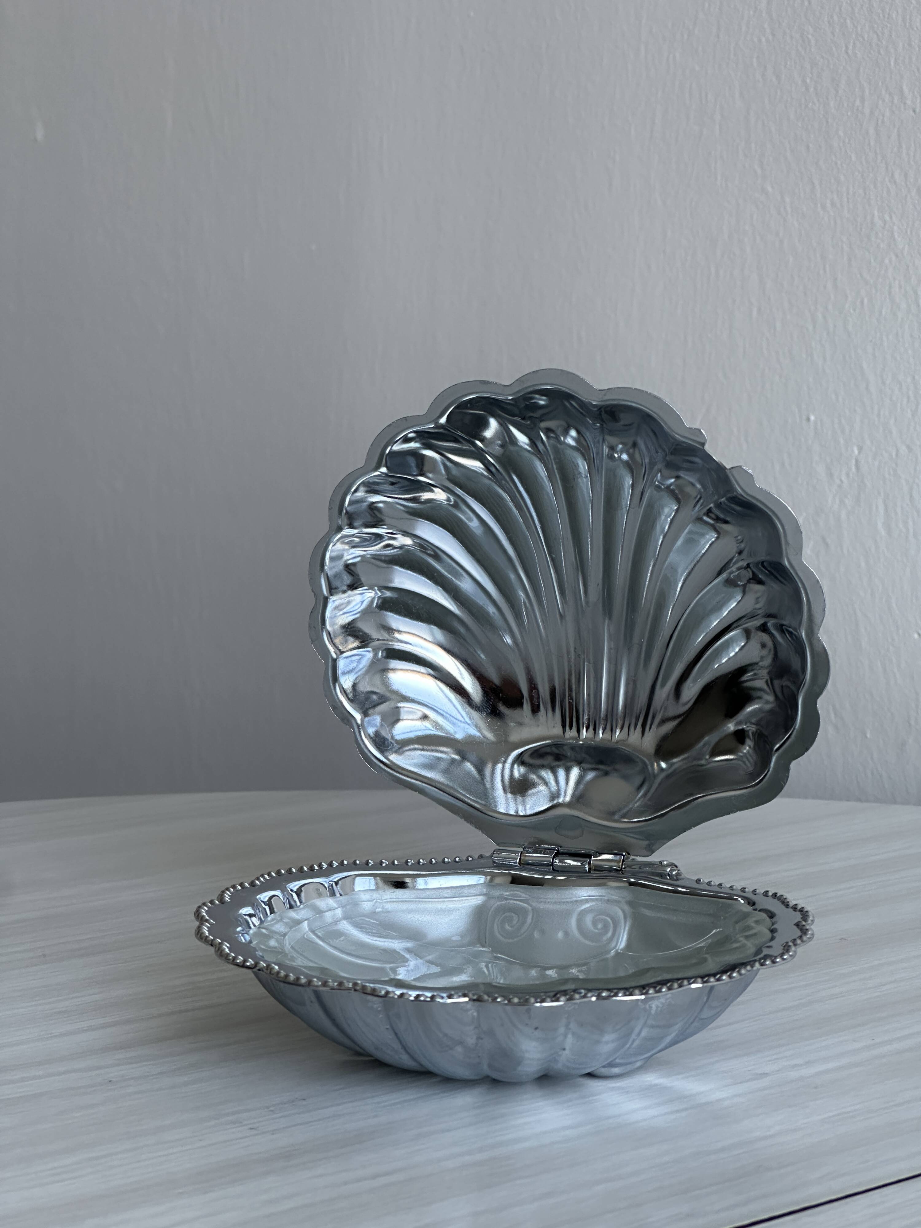 Silver metal butter dish with lid and matching spoon