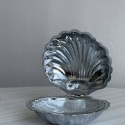 Silver metal butter dish with lid and matching spoon