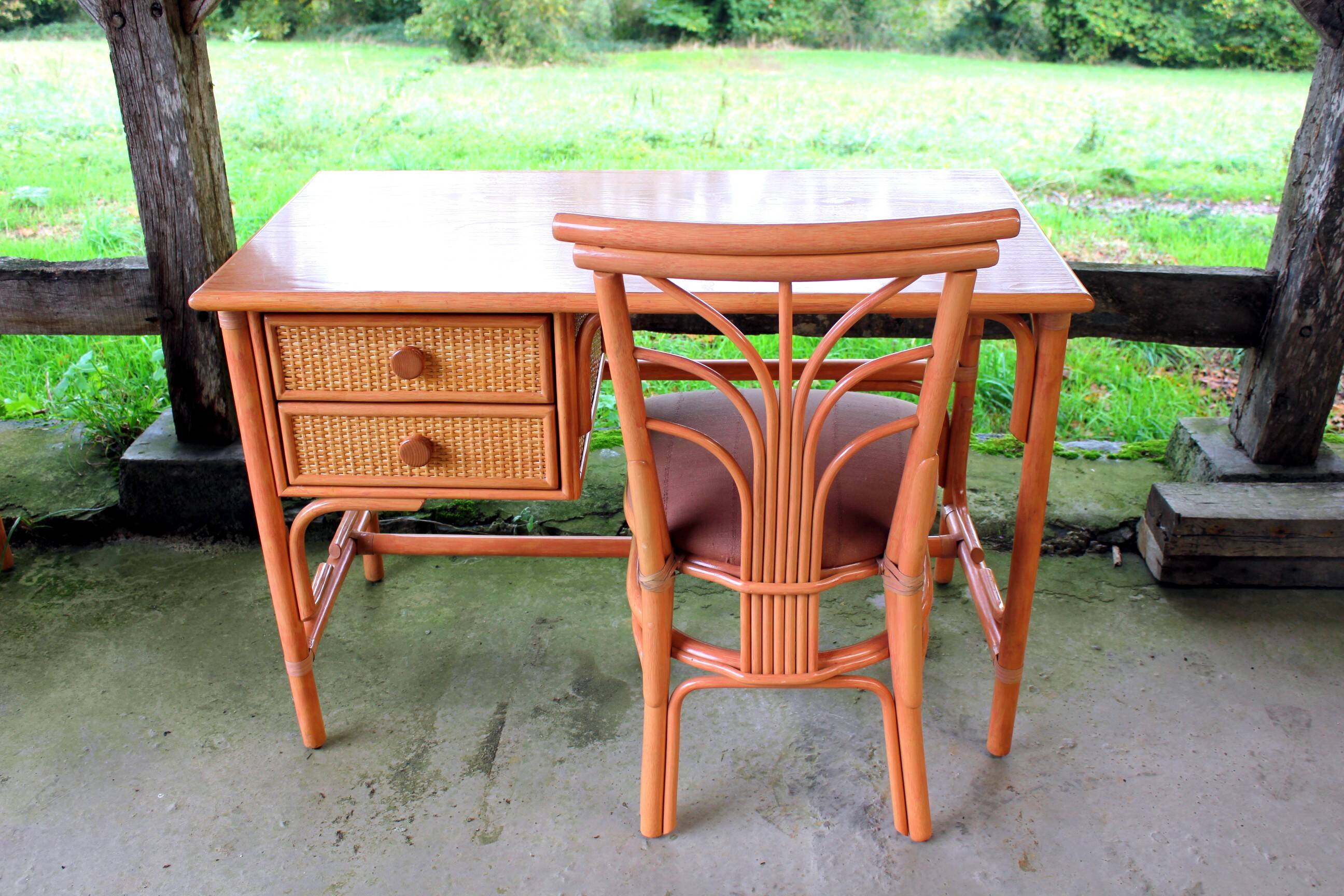 Rattan and beech desk and chair