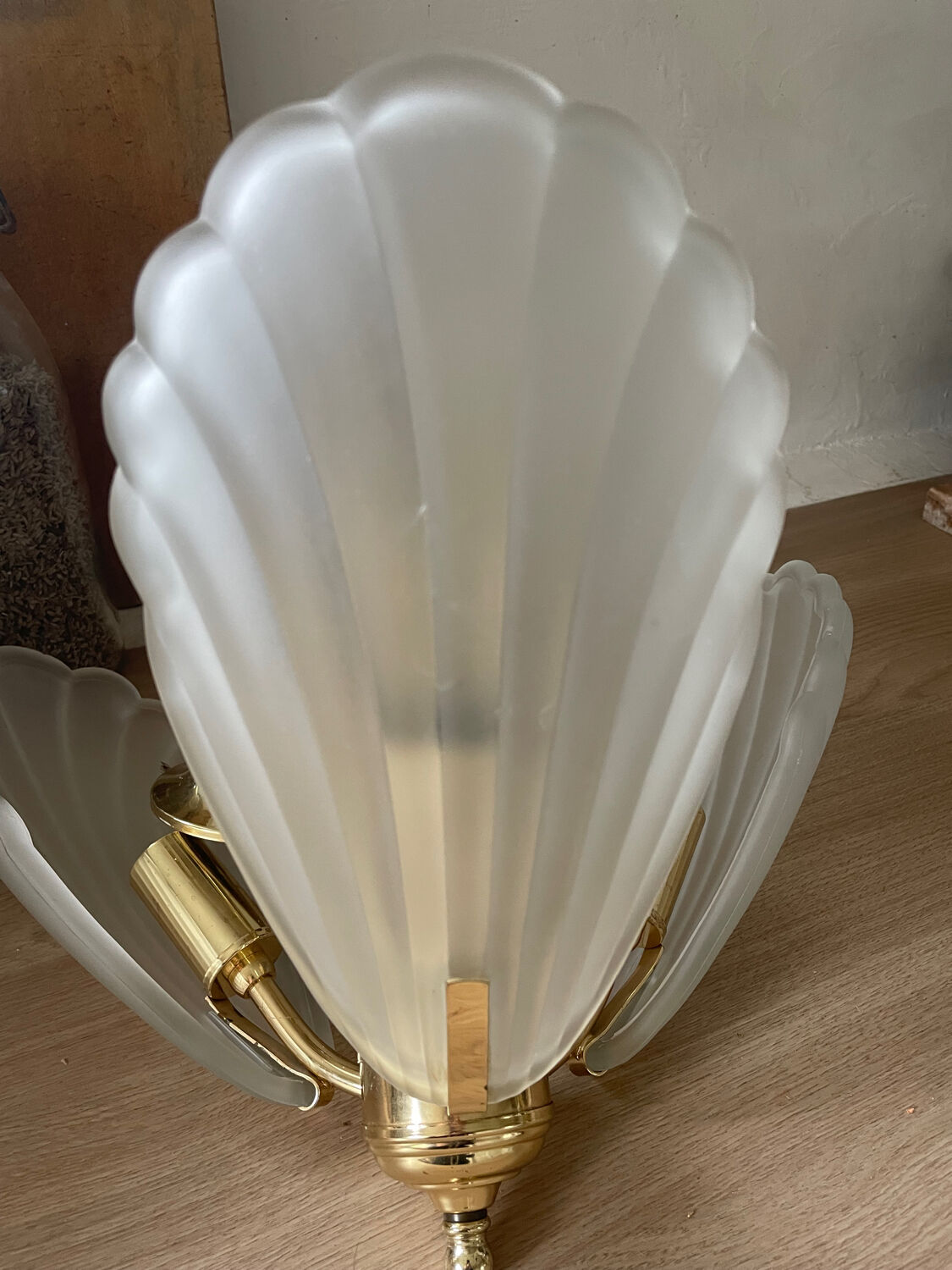 Frosted shell and gilded metal chandelier