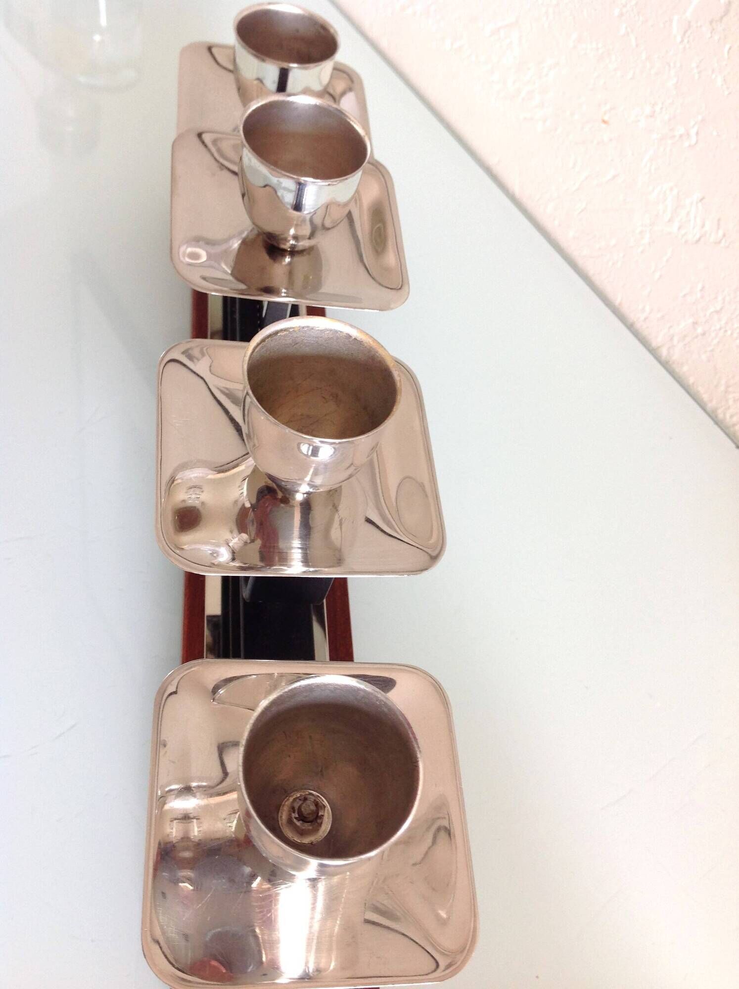 Four-headed candlestick in teak and chrome metal Scandinavian style / vintage 60s-70s