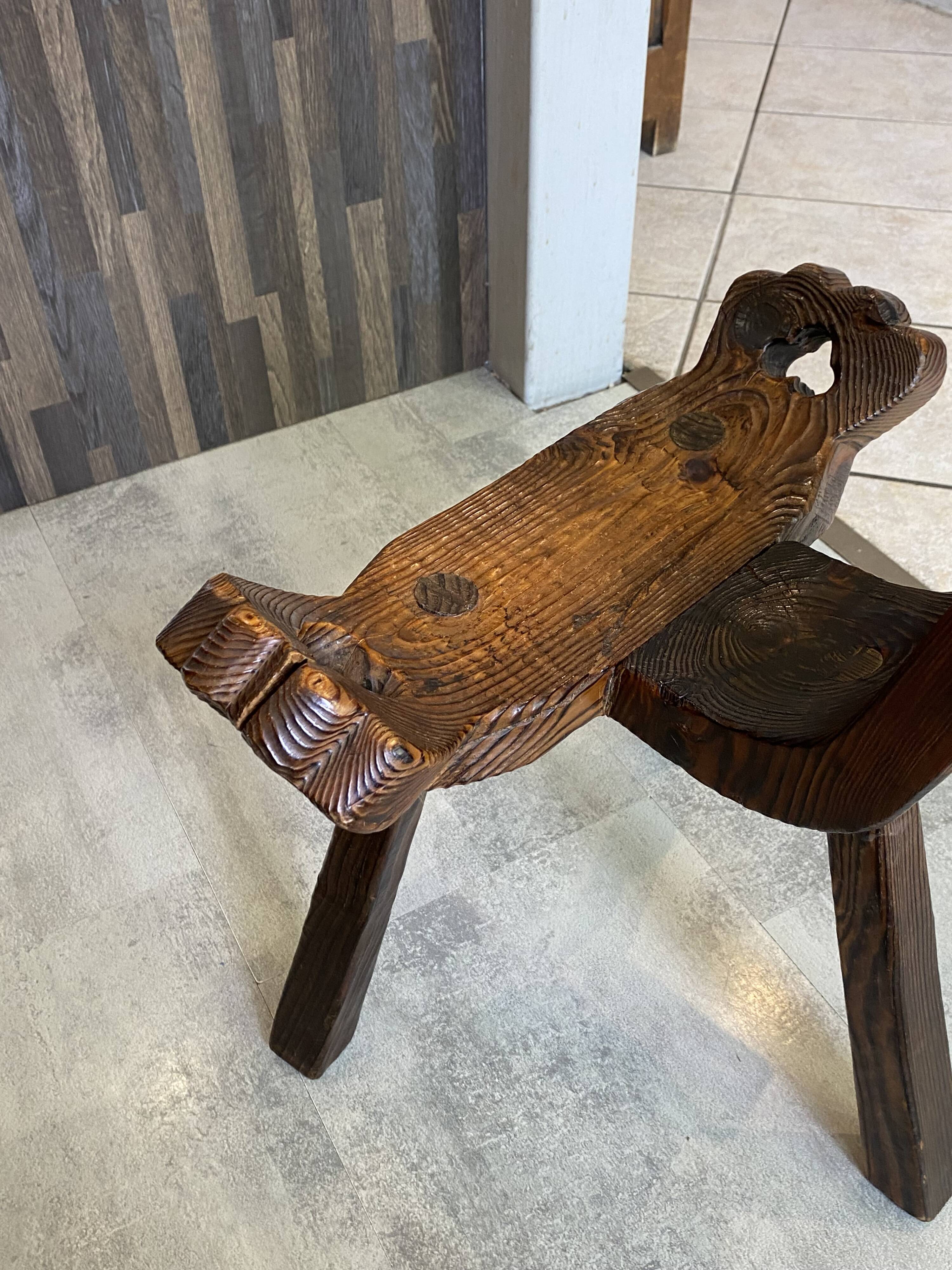 Brutalist tripod chair n2, carved solid wood, antique.