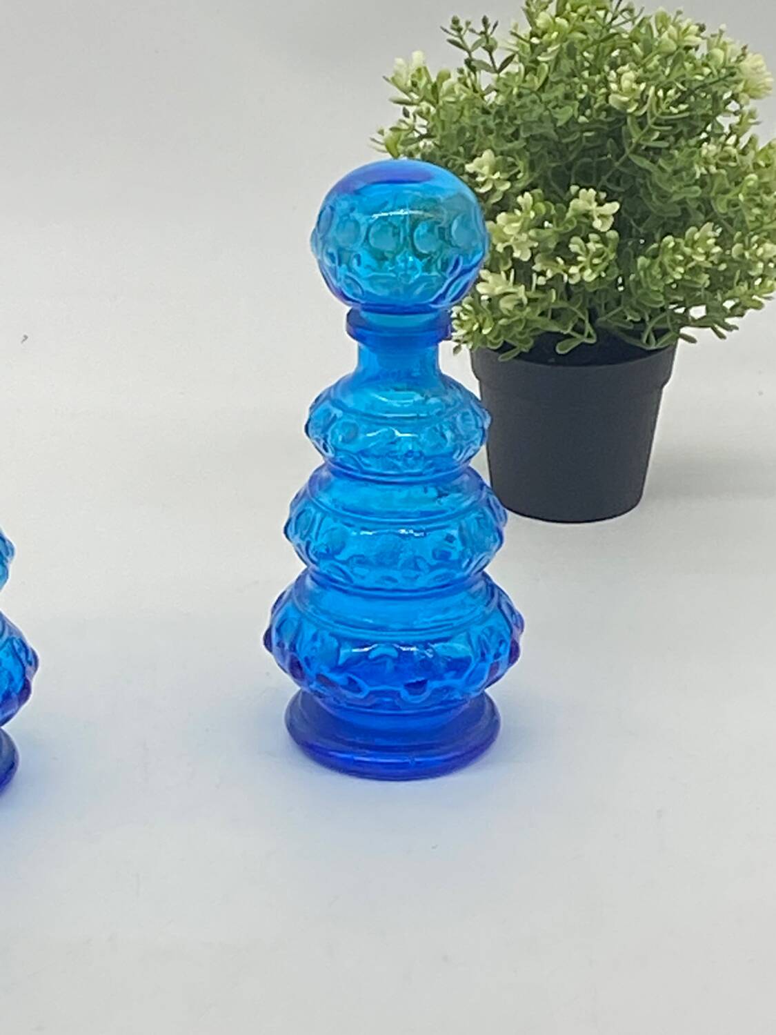 Duo of vintage blue glass bottles / carafe, Empoli, Italy