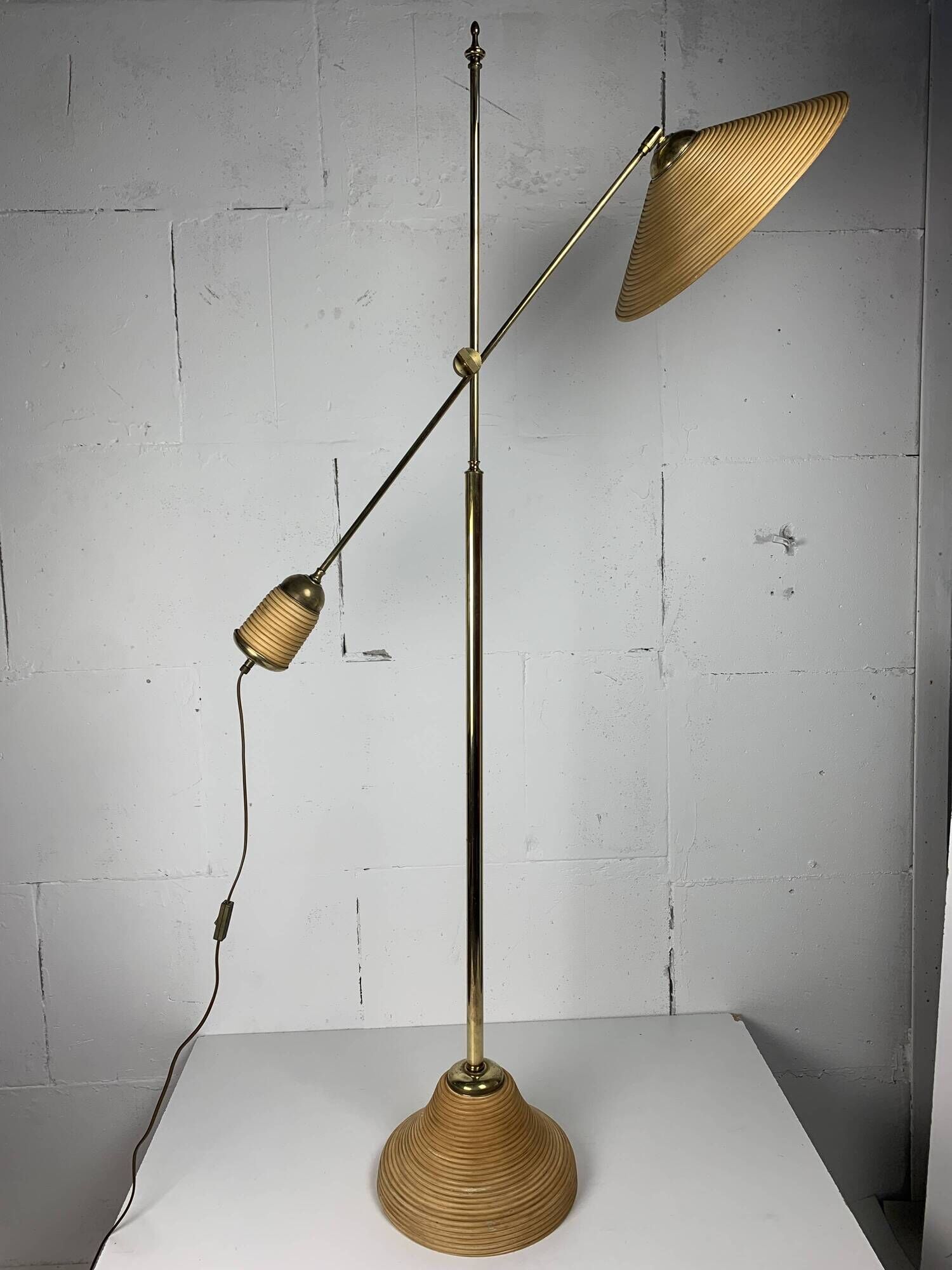 Italian Adjustable Floor Lamp in Pencil Reed, Bamboo, Rattan and Brass, 1970s