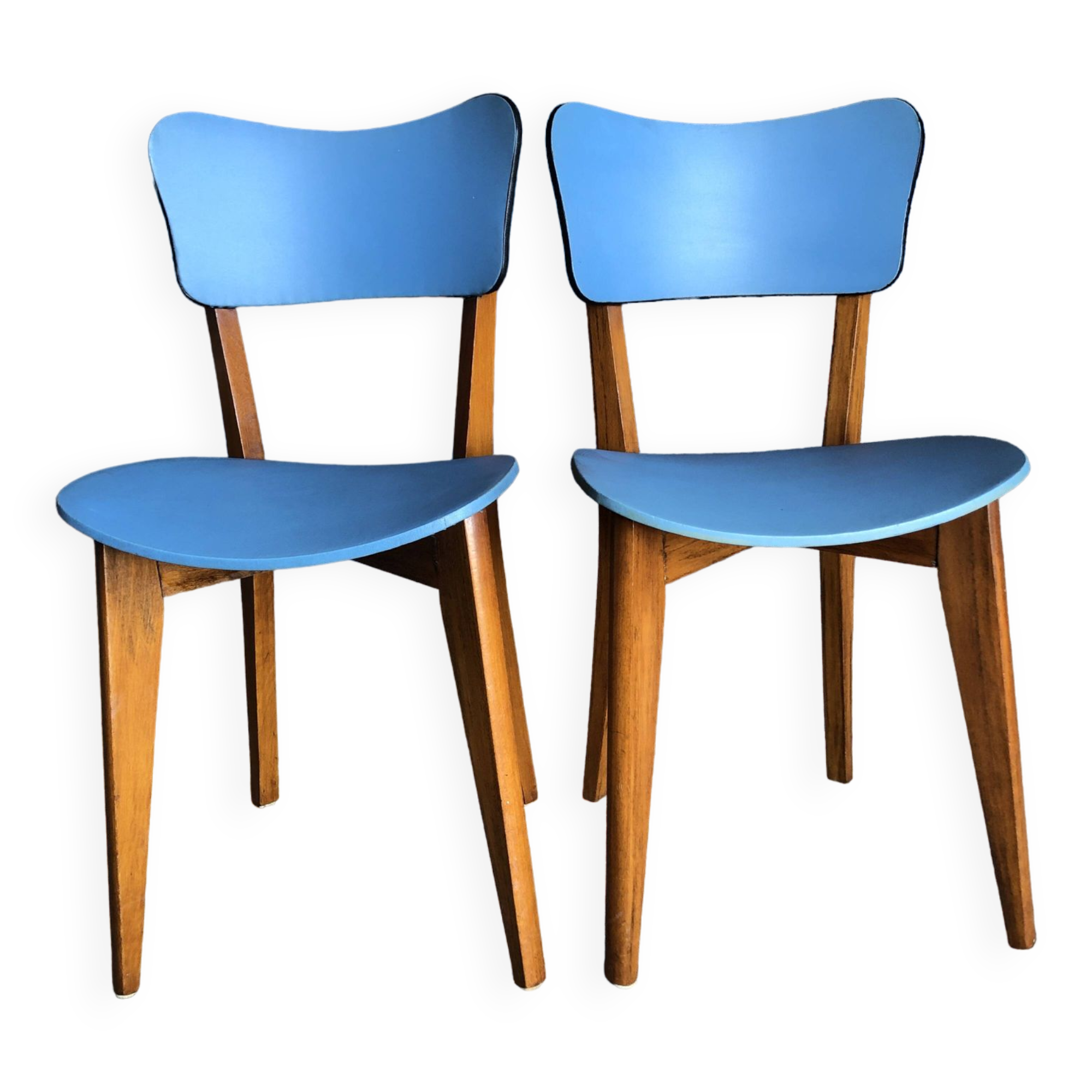 Pair of vintage bistro chairs in wood and light blue vinyl
